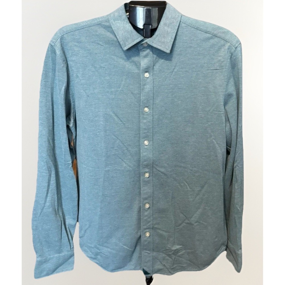 UNTUCKit Mens L Slim Fit Teal Pique Polo Button Up Shirt Preppy Stretch Casual